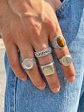 levne Pánské šperky-Pánská sada prstenů v boho stylu - 5dílná sada geometrických prstenů ze stříbrné slitiny s umělými drahokamy, etnické stohovatelné kloubní prsteny na cesty, dovolenou, běžné nošení &amp;gotický šperk jako