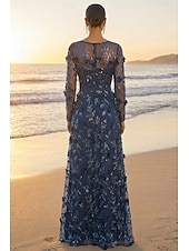 cheap Floor Length-A-Line Floor Length Mother of the Bride Dress Long Sleeve Boat Neck Elegant Vintage Luxurious Formal Wedding Guest Wedding Party Lace Tulle with 3D Flowers Embroidery Appliques
