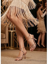 cheap 1920s &amp; Gatsby Era-Women's 1920s Great Gatsby Shoes - Champagne Strappy Heels with Metallic Geometric Cutout for Flapper Party, Cocktail Evening &amp; Prom