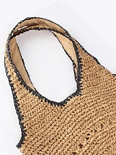 economico Borse da viaggio per vacanze-Borsa a tracolla da donna in stile bohémien intrecciata, colore beige kaki, capiente, con cerniera, ideale per vacanze al mare, viaggi e abbigliamento casual quotidiano.