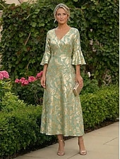 cheap Ankle Length-A-Line Ankle Length Tea Length Cocktail Dress Wedding Guest Dress Mother of the Bride Dress 3/4 Length Sleeve V Neck Elegant Formal Semi Formal Jersey with Floral Print Pleats