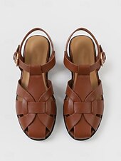 cheap Gladiator Sandals-Women's Brown Woven Closed-Toe Gladiator Sandals - Fisherman Sandals with Adjustable Buckle, Casual Summer Flat Sandals for Everyday Wear and Vacation