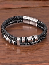 abordables Bijoux pour hommes-cuir synthétique à fermeture magnétique pour homme &amp;Bracelet en acier inoxydable noir, résistant et élégant, idéal pour offrir, pour les vacances à la plage ou au quotidien.