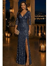 preiswerte Schlauch-Abendkleider-Schlauchkleid Bodenlang Abendkleid Festliche Kleidung Elegant Glitzernd Glitzern Dreiviertelarm V Ausschnitt Hochzeit Formell Spitze mit Schlitz Perlenbestickt