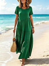 cheap Plain Dress-Women's Vintage Crew Neck Ruffle Pleated Asymmetric Maxi Dress Khaki Black White Pink Summer