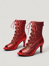 baratos Sapatos de Dança Latina-Botas de dança latina femininas vermelhas com glitter – sapatos de salto alto com cadarço e bico aberto para salsa e dança de salão. &amp;dança de tango