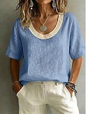 preiswerte Spitzenoberteile-Damen Bluse Spitzentops Spitze Einfarbig Elegant Vintage Kurzarm U-Ausschnitt Normale Oberteile Lässig Strand Sommer Schwarz Weiß Rosa Himmelblau Grün Sommer Frühling