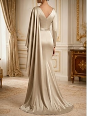 economico Abiti da sera a tubino-Tubino Colonna Strascico a Terra Abito da Sera Abito formale Elegante Stile Celebrità Setoso Senza Maniche Scollo a V Matrimonio Formale Mantelle Raso con Pieghe Arricciato Volant