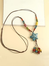 tanie Naszyjnik damski-Naszyjnik z wisiorkiem w kształcie gwiazdy w stylu boho dla kobiet, ręcznie robione kolorowe ceramiczne koraliki, regulowana biżuteria na długim łańcuszku na ogrodowe przyjęcie, wakacje na plaży,