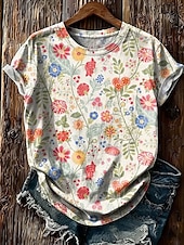 cheap Floral tee-Women's T Shirt Print Floral Graphic Plants Fashion Stylish Classic Short Sleeve Crew Neck Regular Tops Casual Daily Weekend Light Green Beige Summer Spring
