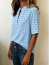 preiswerte Streifen- und geometrische Blusen-Damen Bluse Knöpfe Druck Grafik Geometrisch Vintage Stilvoll Modern Kurzarm Hemdkragen Normale Oberteile Lässig Täglich Blau Gelb Rosa Grün Sommer Frühling