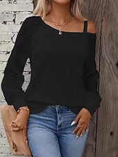  Dam Spets toppar Lappverk Knappar Ensfärgat Elegant Stylish Grundläggande Långärmad Asymmetrisk Vanliga toppar Ledigt Svart Vit Vår