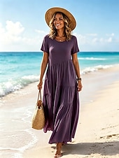 cheap Plain Dress-Women's Vintage Crew Neck Ruffle Pleated Asymmetric Maxi Dress Khaki Black White Pink Summer