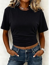 abordables Camiseta lisa-Mujer Camiseta Camiseta superior Frunce Color sólido Plano Vintage Moda Elegante Sin Mangas Manga Corta Cuello Barco Tops cortos Casual Diario Noche Azul Piscina Negro Blanco Rosa Gris Verano