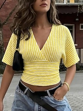 baratos Camiseta lisa-Mulheres Tops de verão Estriado Vintage à moda Manga Curta Decote V Tops curtos Casual Diário Azul Cáqui Preto Amarelo Verão Primavera