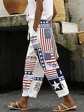  女性用 スラックス カジュアルパンツ 旅行度假风 カジュアル 足首丈 ナチュラルウエストPantsアメリカ独立記念日 グラフィック フラッグ アメリカの国旗 ドローストリング パッチワーク ポケット 快適 履き心地よい 伸縮性なし 日常 バケーション フォーマル ブルー ルビーレッド 夏 春 ルーズフィット
