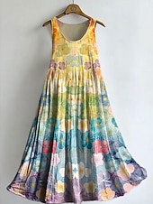 abordables Arte &amp; Diseño Vestidos-Mujer Vestido Midi Vestido bohemio Vestido de verano Vestido informal Vestido Étnico Elegante Bohemia Vacaciones Playa Festivos Cita Holgado Graphic Abstracto Sin Mangas Cuello Barco Amarillo Morado