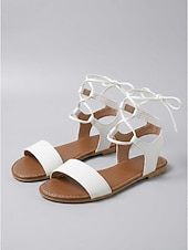 cheap Gladiator Sandals-Women's White Lace-Up Gladiator Sandals - Minimalist Flat Roman Sandals with Strappy Tie-Up Ankle Detail for Outdoor Vacations, Tropical Beach Getaways &amp; Casual Summer Walking