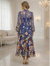 voordelige Enkel Lengte-A-lijn Tot de enkel Kanten jurk Moeder van de bruid jurk Lange mouw V-hals Elegant Vintage Luxueus Formeel Bruiloft gast Bruiloft Kant Tule met 3D-bloemen Borduurwerk Bloem