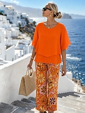 baratos Blusas femininas-Mulheres Conjuntos de calças Manga Curta Meia Manga Borboleta Decote Redondo Floral Gráfico Elegante Férias Casual Diário Laranja Verde Bege Primavera Verão Normal Ajuste Largo
