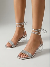 cheap Wedding Guest-Women's Silver Block Heel Sandals with Lucite Clear Heel and Ankle Tie for Garden Wedding Guest