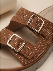 baratos Sandálias Confortáveis-Sandálias femininas marrons com fivela dupla e strass – chinelos de verão brilhantes e confortáveis com palmilha macia e acolchoada para pés inchados, ideais para férias. &amp;roupa casual para o dia a