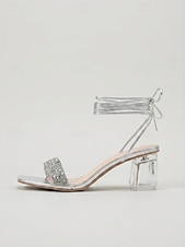 cheap Wedding Guest-Women's Silver Block Heel Sandals with Lucite Clear Heel and Ankle Tie for Garden Wedding Guest