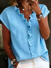 preiswerte Einfache Blusen-Damen Hemd Bluse Rüschenhemd Rüsche Einfarbig Stilvoll Klassisch Modern Kurzarm V Ausschnitt Normale Oberteile Täglich Ferien Ausgehen Weiß Gelb Hellgrün Rosa Leicht Blau Sommer Frühling