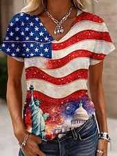  American Independence Day Women's T Shirt Print Graphic Letter American Flag Vintage Stylish Classic Short Sleeve V Neck Regular Tops Casual Daily Black White Red Summer Spring