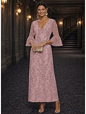 baratos Comprimento do tornozelo-Linha A Vestidos Longo Até o Tornozelo Vestido Coquetel Vestido Para Mãe dos Noivos Manga Longa Decote V Elegante Luxuoso Brilho &amp; Glitter Formal Convidado do casamento Semi formal Renda com Miçangas