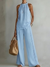 cheap Women's Blouse Suits-Women's Two Piece Sets T Shirt Pants Sets Sleeveless Halter Neck Plain Basic Casual Daily Vacation White Yellow Pink Summer Loose Fit