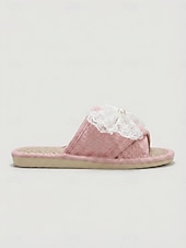 cheap Women's Slippers &amp; Flip-Flops-Women's Pink Linen Open-Toe House Slippers - Breathable Magic Tape Indoor Slides with White Lace Bow &amp; Pearl Decor, Non-Slip Soft Sole Casual Slippers for Wide Swollen Feet, Bedroom, Spa &amp; Daily Wear