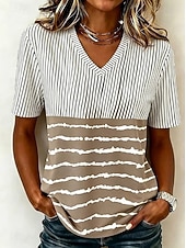 abordables Camiseta a rayas y geométrica-Women's T Shirt Print Graphic Geometric Stylish Classic Casual Short Sleeve V Neck Regular Tops Casual Daily Light Grey Summer Spring