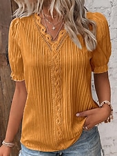 abordables Blouses Élégantes-Femmes T-shirt Dentelle Patchwork Uni Mode Élégant Classique Manche Courte Col en V Hauts Réguliers Quotidien Sortir Week-end Noir Blanche Jaune Bleu Ciel Violet Été Printemps