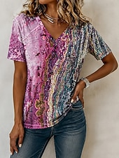 billige Kunst &amp; Design t-skjorte-Dame T skjorte Trykt mønster Nyanse Geometrisk Abstrakt Stilfull Klassisk Fritid Kortermet V-hals Vanlige topper Avslappet Daglig Rosa Vin Dusty Blue Fuksia Grønn Sommer Vår