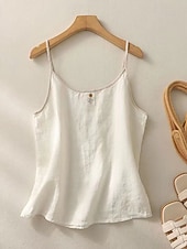  Per donna Gilet in cotone e lino Ricamato Tinta unica Semplice Vintage Senza Maniche Scollo Tondo Top corti Marrone caffè Colore naturale di canapa Blu marino Albicocca Estate Primavera