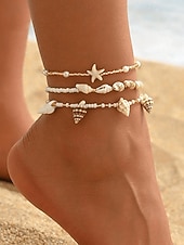 billiga Damarmband-dam bohemiskt snäcksjöstjärne fotlänk i 3 delar, stretchiga strandfotsmycken i snäckskalsharts för semester vid havet, sommarresor, vardagskläder