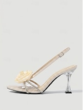 cheap Wedding Guest-Women's Apricot Satin Block Heel Sandals with Floral Rhinestone Straps for Garden Wedding Guest