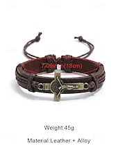 baratos Jóias Masculinas-Pulseira masculina de couro genuíno com liga metálica e cruz, ajustável nas cores preta ou marrom, joia vintage casual para uso diário, viagens e looks de férias.