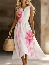abordables Robes décontractées-Femmes Robe Midi Robe d'été Vacances Quotidien Plage Soirée Coupe régulière Fleuri Sans manches Col en V Bleu Blanche Jaune Rose Claire Été Printemps