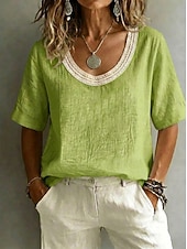 preiswerte Spitzenoberteile-Damen Bluse Spitzentops Spitze Einfarbig Elegant Vintage Kurzarm U-Ausschnitt Normale Oberteile Lässig Strand Sommer Schwarz Weiß Rosa Himmelblau Grün Sommer Frühling