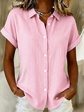 cheap Stripe&amp;Geometric Blouses-Women's Shirt Buttons Print Graphic Striped Vintage Daily Stylish Short Sleeve Shirt Collar Long Tops Casual Daily Blue Pink Grey Summer Spring