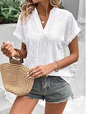  Mujer Blusa con textura Elegant Tops tejidos con textura Con Texturas Geométrico Elegante Clásico Manga Corta Escote en Pico Tops largos Casual Blanco Amarillo Verano Primavera