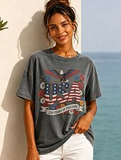 voordelige Onafhankelijkheidsdag Top-Amerikaanse onafhankelijkheidsdag Dames 100% Katoen T-shirt Vintage gewassen tops Afdrukken Grafisch Brief Vintage Modieus Stijlvol Korte mouw Strakke ronde hals Normale tops Casual Dagelijks blauw