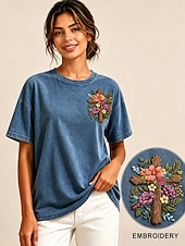  Per donna 100% cotone T-shirt ricamata Floreale Grafico Vintage Classico Casual Manica Corta Girocollo Top Regolari Casuale Quotidiano Weekend Blu Estate Primavera