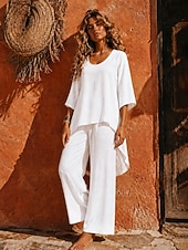 cheap Sets-Women's Cotton Linen Sets Pants Sets Bolero Long Sleeve Crew Neck Solid Color Fashion Streetwear Casual Daily Outdoor Blue Black White Summer Regular Fit