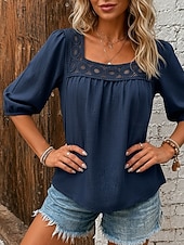 Women's Linen-feel Shirts Blouse Lace Trim Solid Color Daily Stylish Basic 3/4 Length Sleeve Square Neck Regular Tops Casual Daily Blue White Pink Navy Blue Green Summer Spring Fall