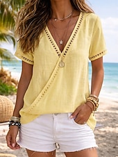 cheap Shirts-Women's Shirt Stylish Classic Short Sleeve V Neck Regular Tops Casual Going out Beach Wear Blue Yellow Pink Green Apricot Summer Spring