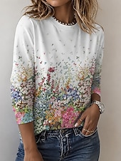 preiswerte Blumen-T-Shirt-Ostern Damen T Shirt Druck Blumen Grafik Pflanzen Stilvoll Klassisch Modern Langarm Rundhalsausschnitt Rundhals Normale Oberteile Lässig Täglich Wochenende Weiß Leicht Rosa Grün Beige Sommer Frühling