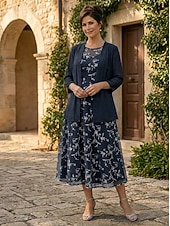 preiswerte Mamas Kleidersets-Zweiteilig A-Linie Knöchellänge Tee-Länge Kleid für Hochzeitsgäste Brautmutterkleid Ärmellos Dreiviertelarm Rundhalsausschnitt Elegant Einfach Minimalistisch Formell Semi-Formal Chiffon Spitze mit